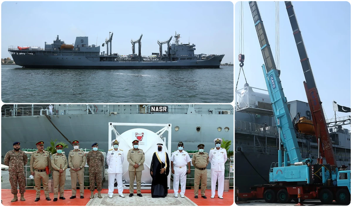 The photographs show medical supplies sent by Bahrain being unloaded from a special Pakistan Navy ship, NASR, at the Karachi port on May 16, 2021. (Photo courtesy: Pakistan Navy)