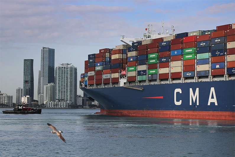 The CMA CGM Argentina container ship arrives at PortMiami on April 06, 2021 in Miami, Florida. (AFP)