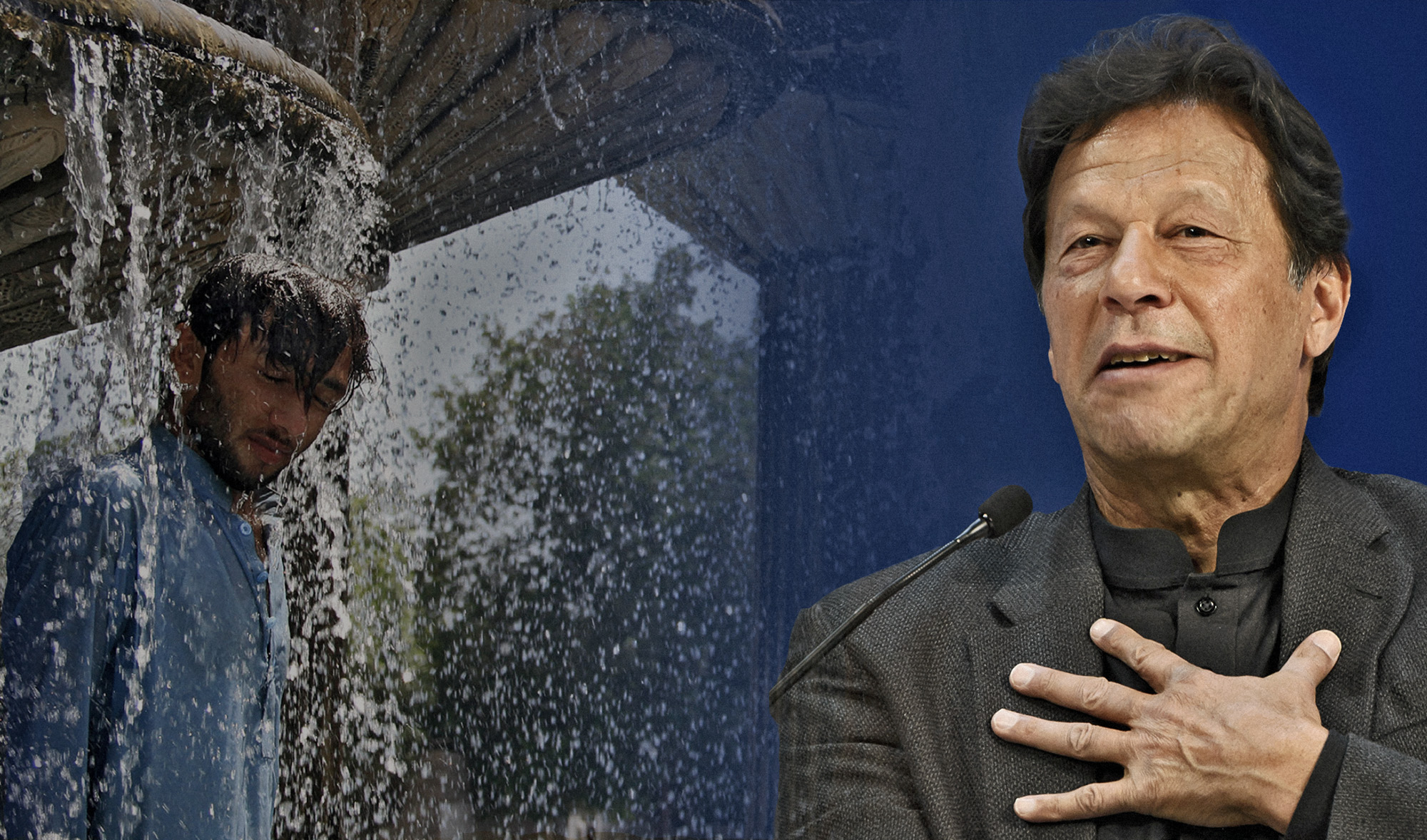 The collage shows a Pakistani man cooling off during a hot summer day in Karachi on May 25, 2018, and Pakistan Prime Minister Imran Khan during World Economic Forum in Davos, on January 22, 2020. (AFP photos)