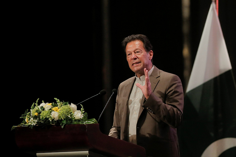 Pakistan’s Prime Minister Imran Khan Khan speaks at the Trade and Investments conference during his two-day visit in Colombo, Sri Lanka February 24, 2021. (REUTERS)