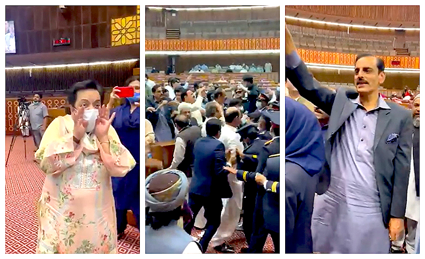 This combination of photos shows Pakistani lawmakers sloganeering during national assembly session on Budget 2021 in Islamabad on June 15, 2021. (Photo courtesy: social media)