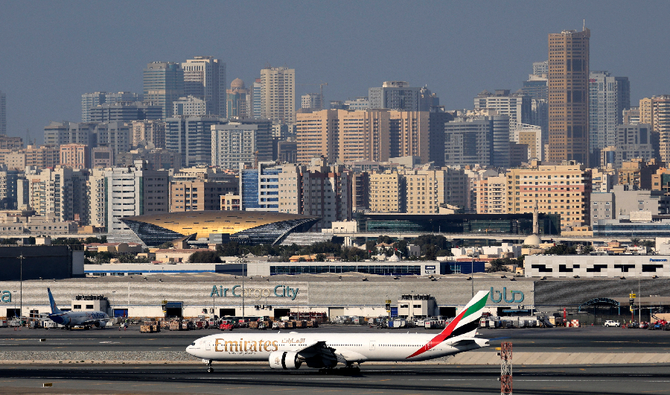 A picture shows an Emirates Airlines airplane at Dubai International Airport on February 1, 2021. (AFP)