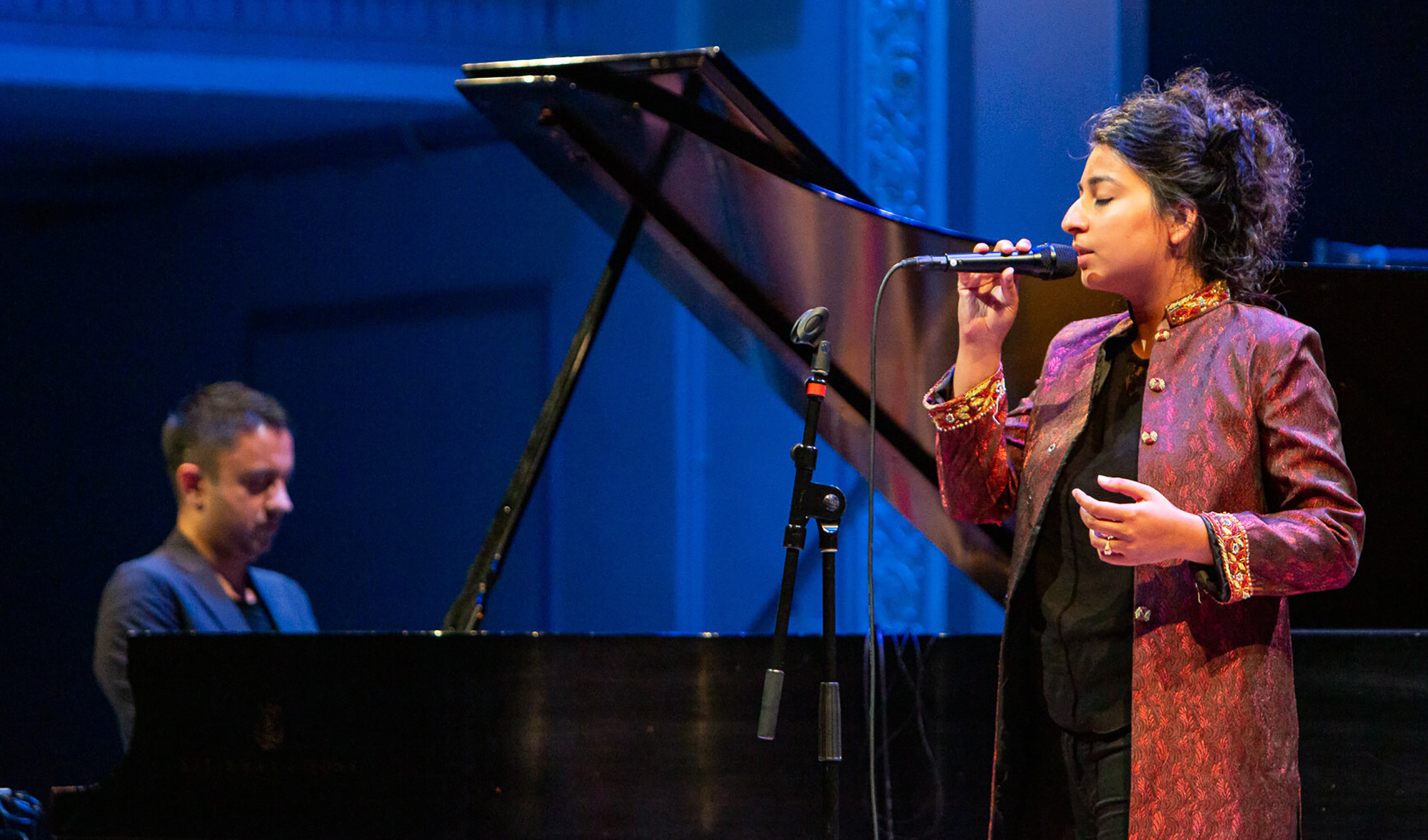 Musician Arooj Aftab, right, performs at Resonant Bodies Festival in New York on June 5, 2019. (Photo courtesy: Resonant Bodies Festival)
