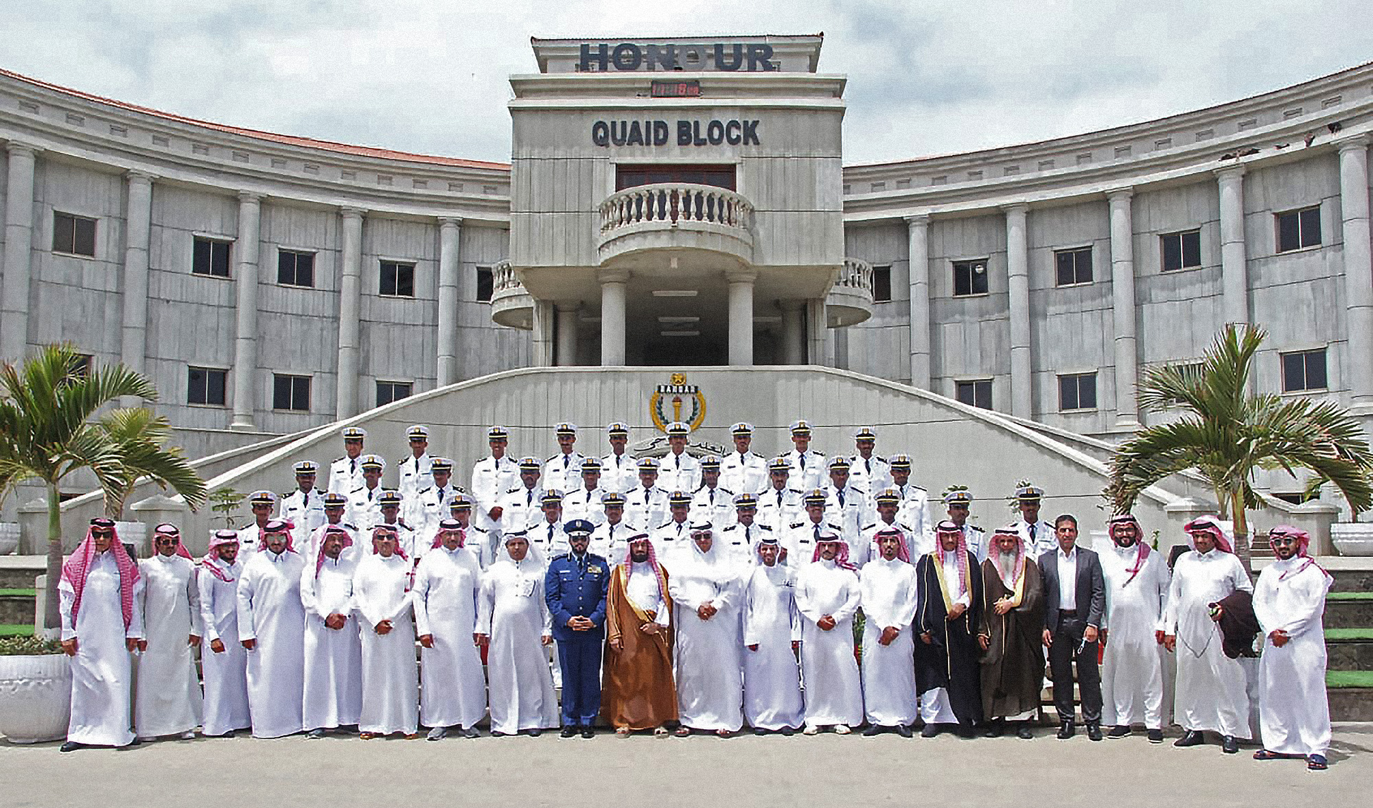 Saudi officials pose for a photoshoot with Saudi officers graduating from Pakistan Naval Academy’s 115th course in Karachi on June 26, 2021. (Photo courtesy: @AmbassadorNawaf/Twitter)