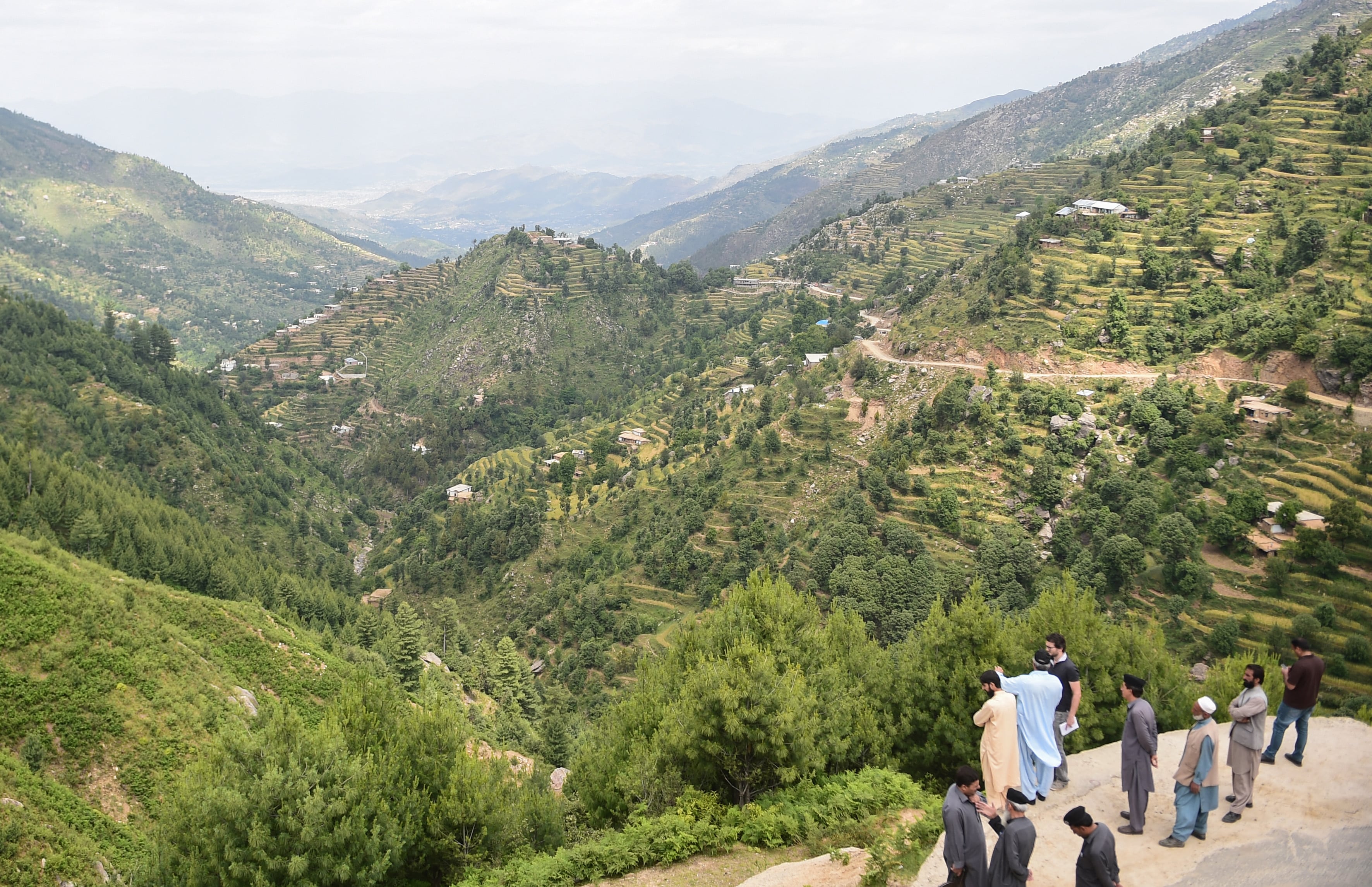 In this picture taken on May 18, 2018, officers of the Khyber Pakhtunkhwa forest department gather overlooking the forest in Swat valley in northwest Pakistan. (AFP)