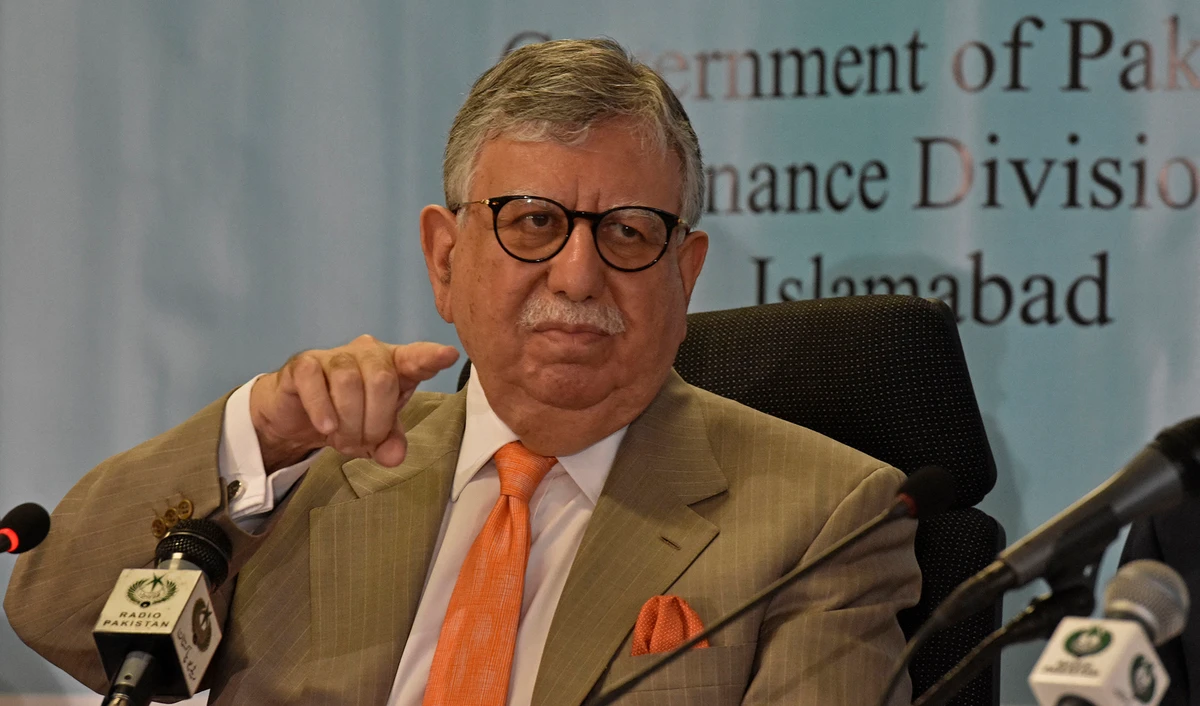 Pakistan's Finance Minister Shaukat Tarin gestures during a pre-budget press conference in Islamabad on June 10, 2021. (AFP)