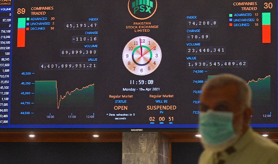 A stockbroker watches the latest share prices during a trading session at the Pakistan Stock Exchange (PSX) in Karachi on April 19, 2021. (AFP/File)