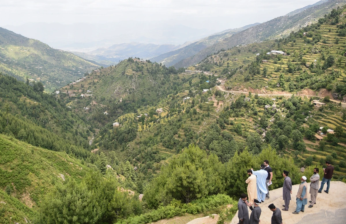 In this picture taken on May 18, 2018, officers of the Khyber Pakhtunkhwa forest department gather overlooking the forest in Swat valley in northwest Pakistan. (AFP)