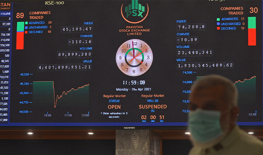 A stockbroker watches the latest share prices during a trading session at the Pakistan Stock Exchange (PSX) in Karachi on April 19, 2021. (AFP)