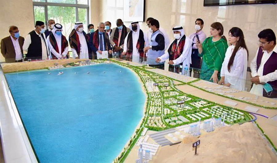 Chairman Gwadar Port Authority Naseer Khan Kashani (sixth from right) briefs the ambassadors of various countries and senior Journalists regarding developments carried out in Gwadar Port in Gwadar, Pakistan on July 6, 2021. (Photo courtesy: UAE Embassay)