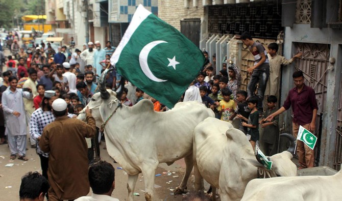 A sacrificial bull, with Pakistani flags fastened to its horns, is lifted down by crane from the roof of a four-story building in Karachi’s Nazimabad neighborhood on Sunday, August 12, 2018. (AN photo M.F.Sabir)