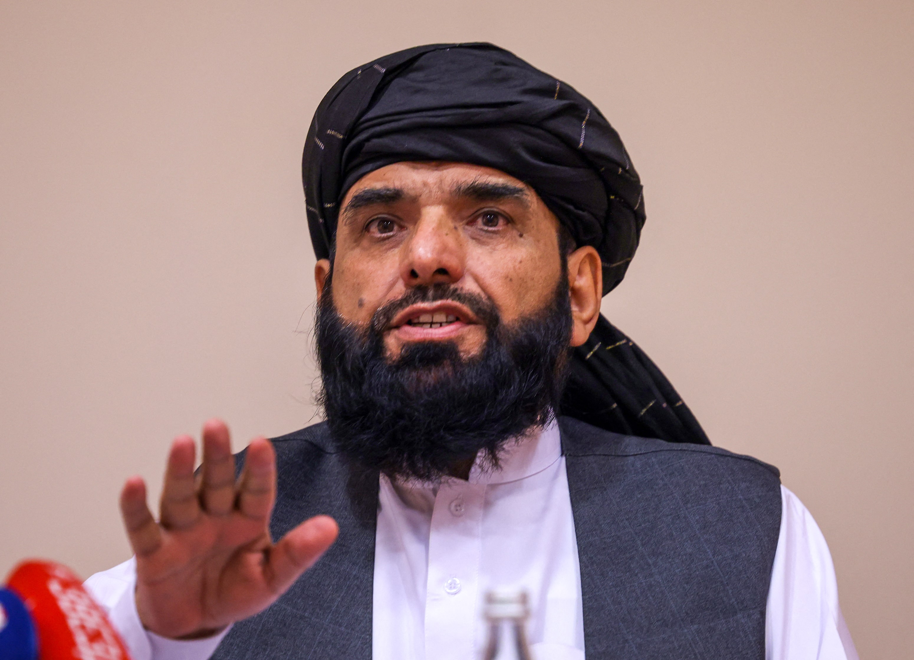 Taliban negotiator Suhail Shaheen attends a press conference in Moscow on July 9, 2021. Russia on July 9, 2021. (AFP)