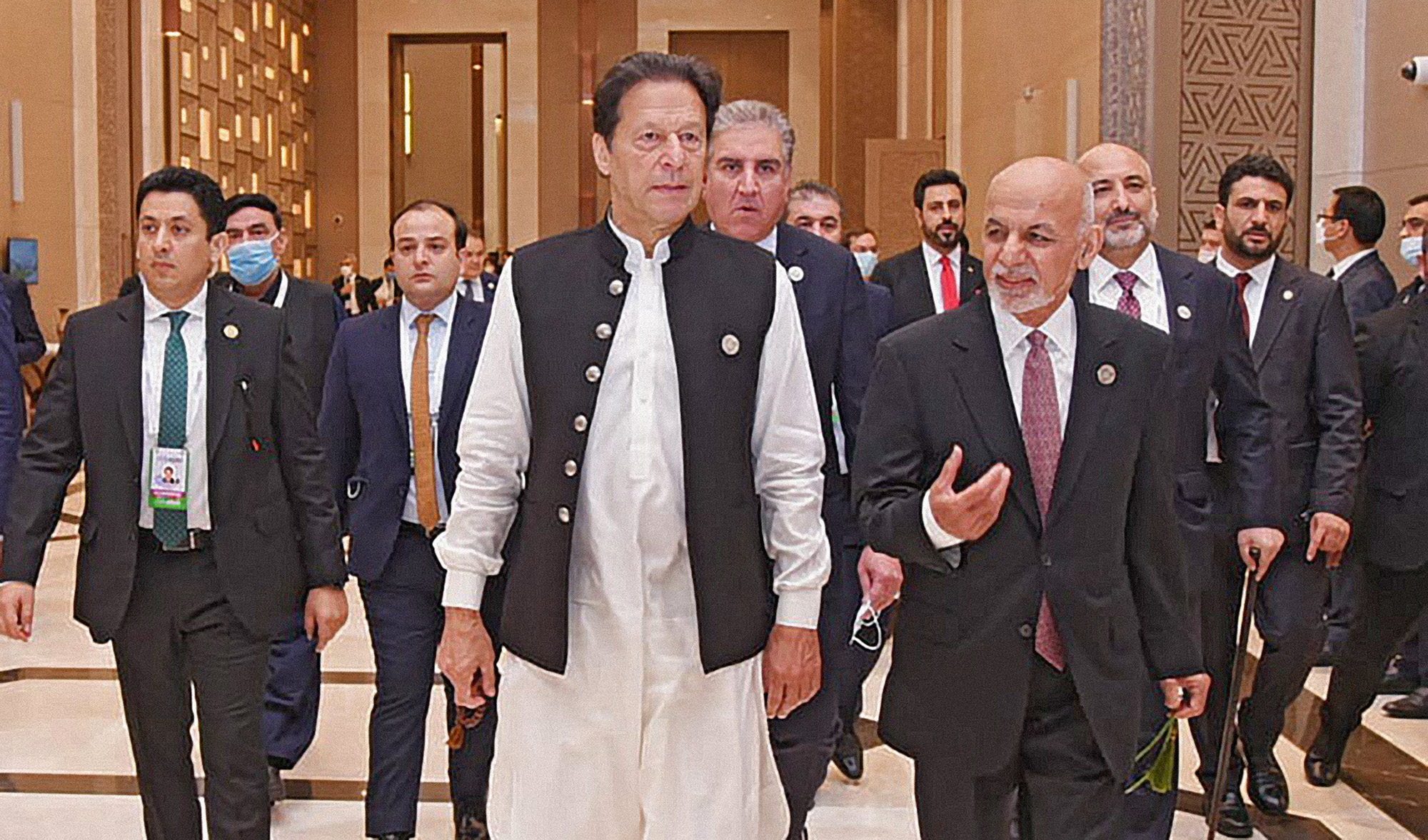Pakistan Prime Minister Imran Khan, center, with Afghanistan's President Ashraf Ghani, front right, on the sidelines of Central and South Asia 2021 conference in Tashkent, Uzbekistan, on July 16, 2021. (Photo courtesy: @PakPMO/Twitter)