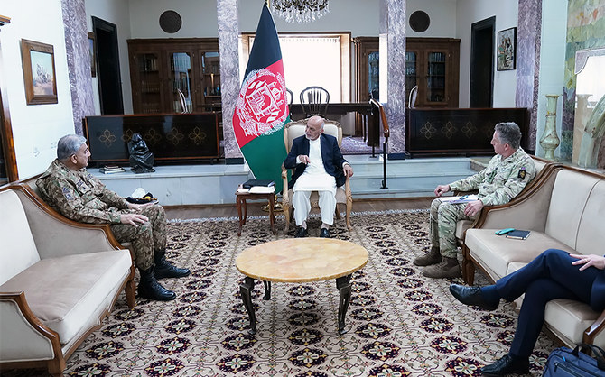 Pakistan's Army Chief General Qamar Javed Bajwa (left) and British General Sir Nick Carter meet Afghan President Ashraf Ghani in Kabul, Afghanistan, on May 10, 2021. (Picture courtesy: @ARG_AFG/Twitter)