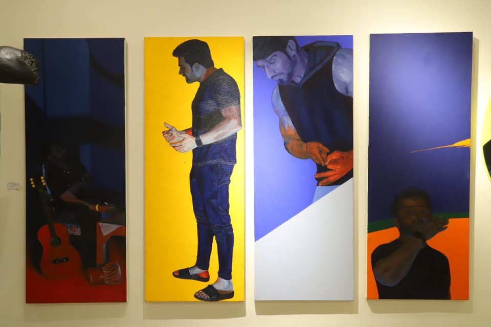 A polyptych piece by Javaid Iqbal Mughal - one of the many artists who exhibits online with Pakistan Art Forum - is seen at a recent pop-up event in Lahore, Pakistan, on July 5, 2021. (Photo Courtesy: PAF)