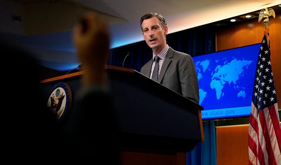US State Department spokesman Ned Price takes questions from reporters during a press briefing at the State Department in Washington, DC, on March 31, 2021. (AFP)