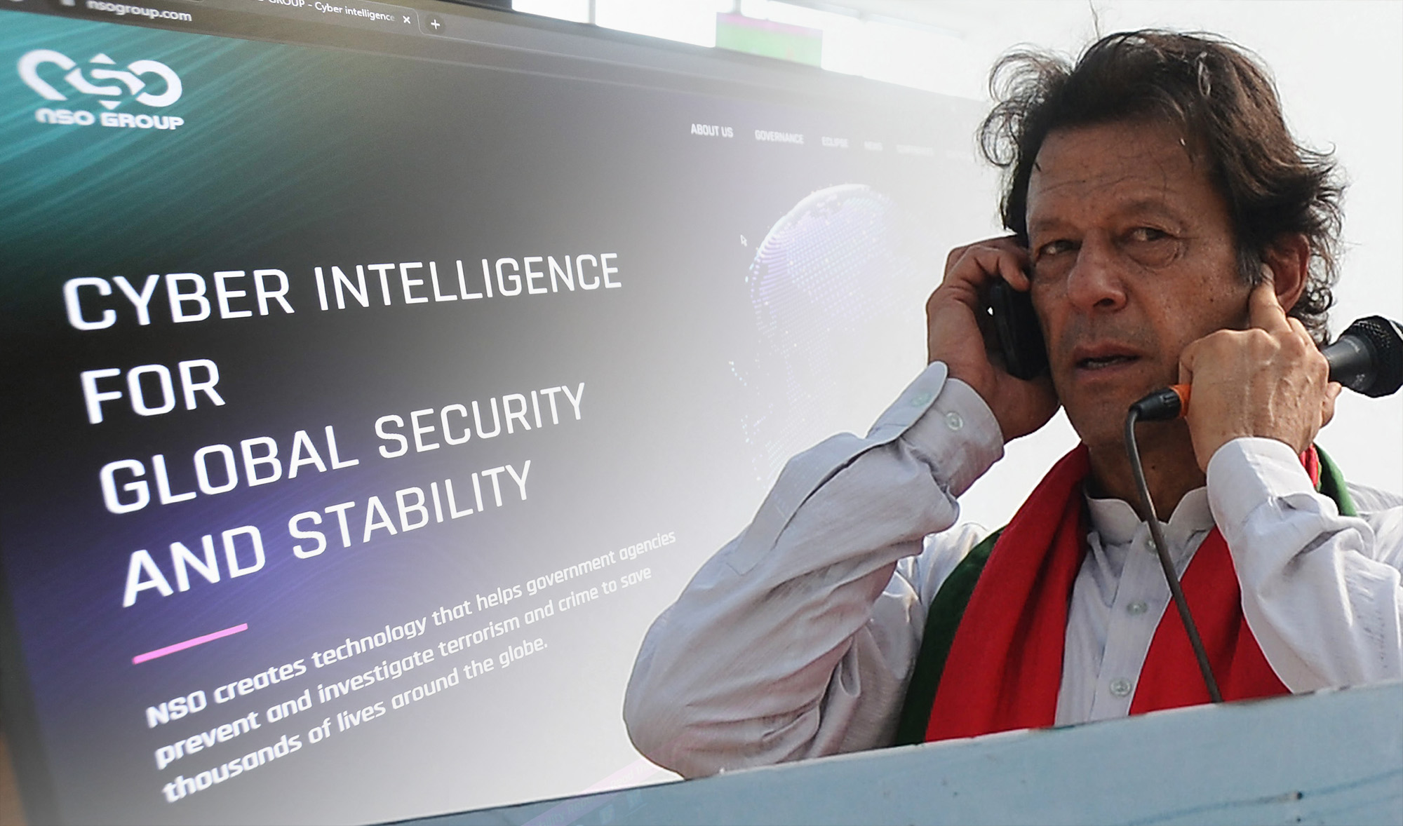The combination of photos shows the website of Israel-made Pegasus spyware, left, and Pakistani Prime Minister Imran Khan pauses on a phone call in Islamabad on August 21, 2014. (AFP photos)