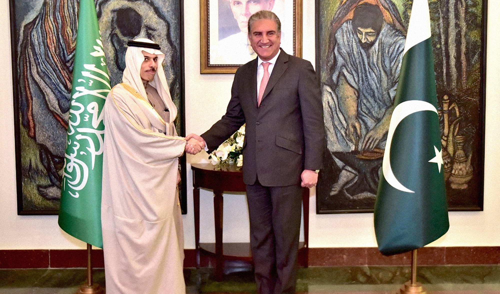 Saudi Arabian Foreign Minister Prince Faisal bin Farhan Al-Saud meets Pakistani Foreign Minister Shah Mehmood Qureshi at the Foreign Office in Islamabad, Dec. 26, 2019. (Photo courtesy: Foreign Office)