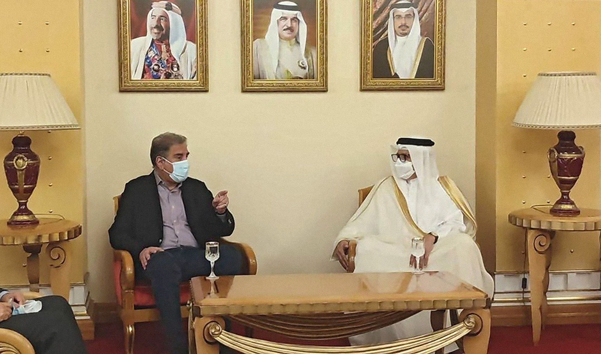 Pakistan's foreign minister Shah Mahmood Qureshi, left, with his Bahraini counterpart Dr. Abdullatif bin Rashid Al-Zayan in Bahrain on July 28, 2021. (Photo courtesy: @ForeignOfficePk/Twitter)