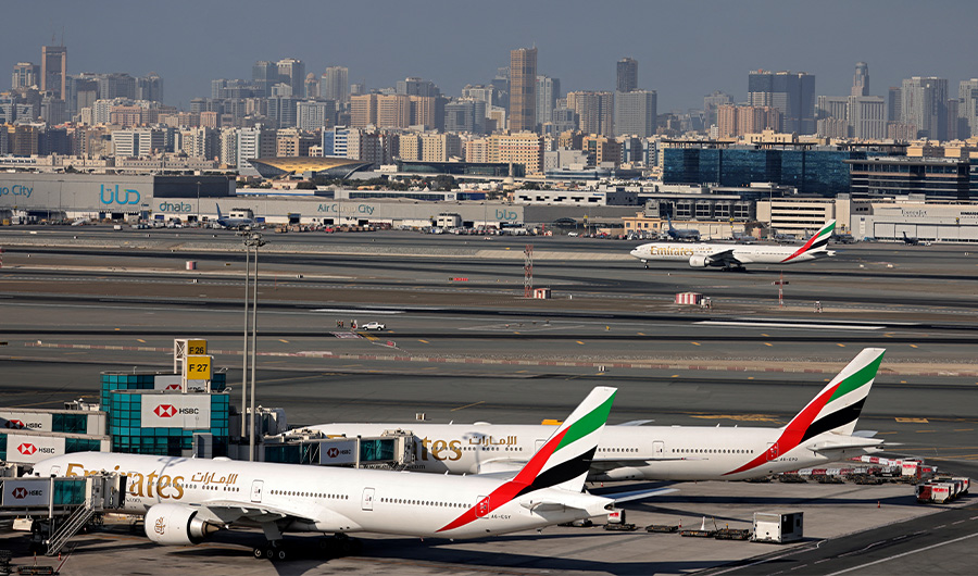 A picture shows Emirates Airlines aeroplanes at Dubai International Airport on February 1, 2021. (AFP)