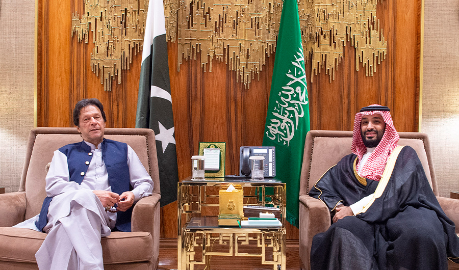 A handout picture provided by the Saudi Royal Palace shows Crown Prince Mohammed bin Salman (R) during his meeting with Pakistan's Prime Minister Imran Khan in the capital Riyadh on October 15, 2019. (AFP)