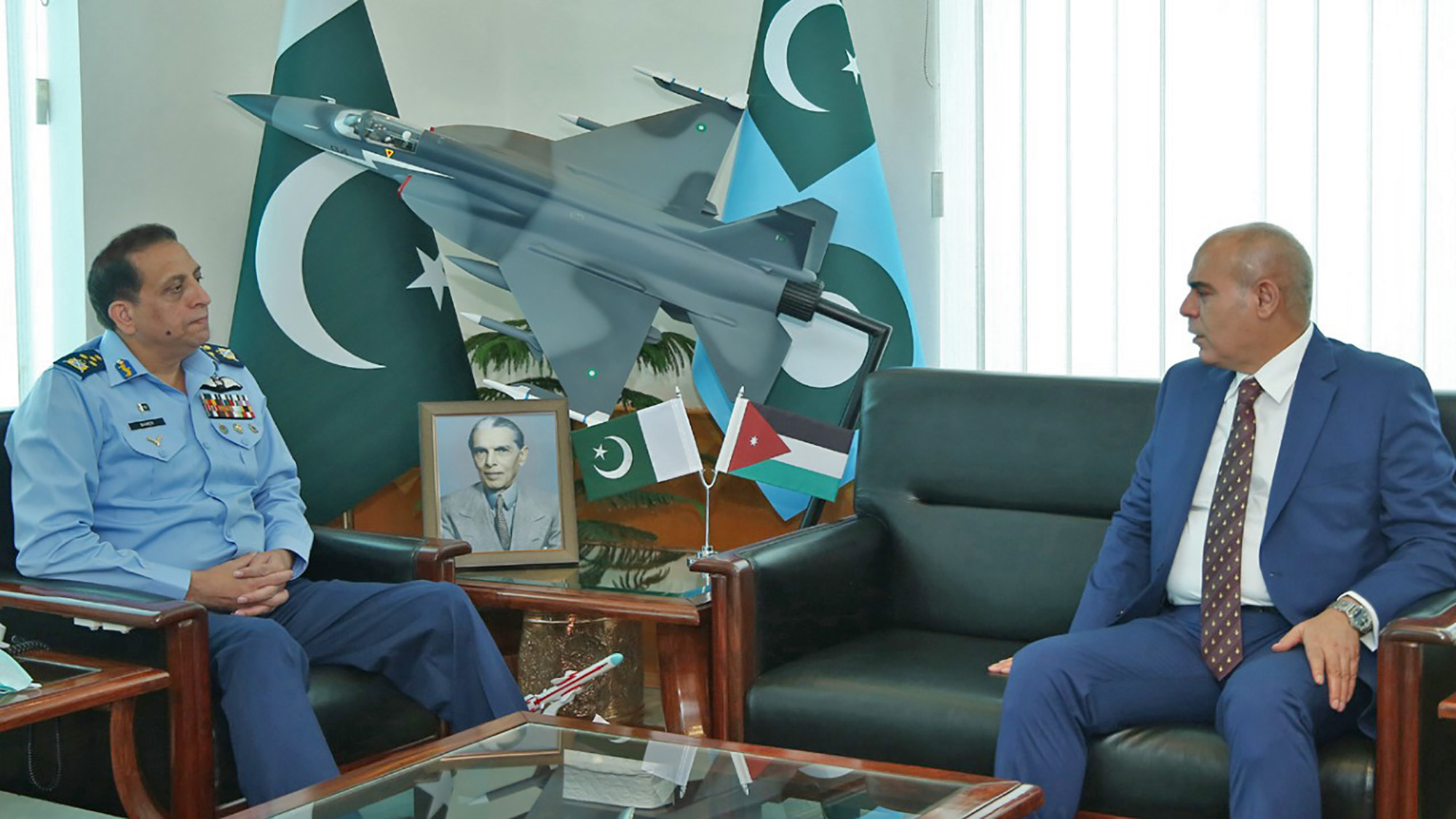 Jordan's envoy to Pakistan, Ibrahim Al Madani, right, calls on Pakistan's Air Chief Marshal Zaheer Ahmed Babar Sidhu at the Pakistan Airforce headquarters in Islamabad on July 30, 2021. (Photo courtesy: @DGPR_PAF/Twitter)
