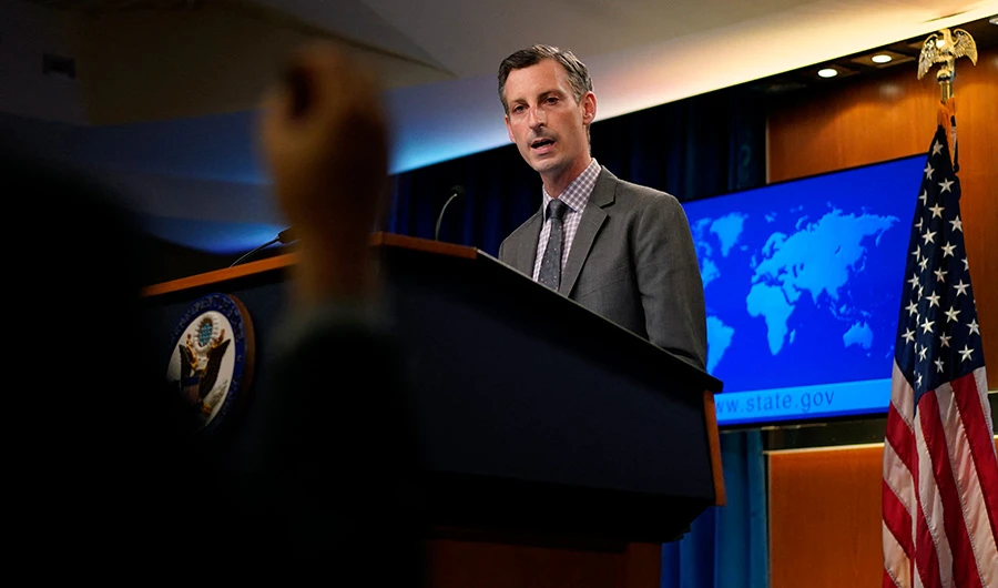 US State Department spokesman Ned Price takes questions from reporters during a press briefing at the State Department in Washington, DC, on March 31, 2021. (AFP)