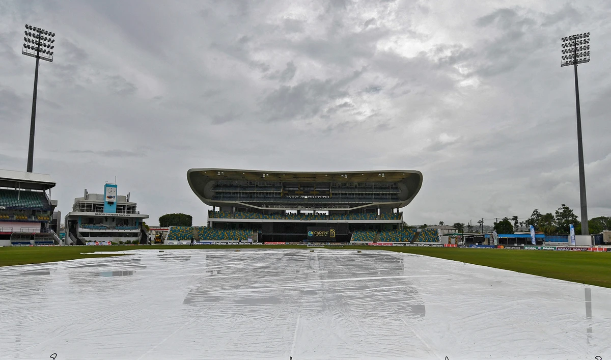 Covers are on as rain delays the start of the 1st T20I between West Indies and Pakistan at Kensington Oval, Bridgetown, Barbados, on July 28, 2021. (AFP)