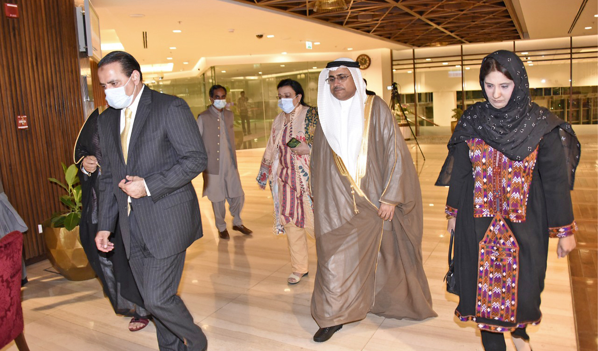 Senator Sana Jamali, right, receives Arab Parliament speaker Adel Abdulrahman Al-Asoumi, second right, at Islamabad Airport on August 1, 2021. (Photo courtesy: Senate of Pakistan)