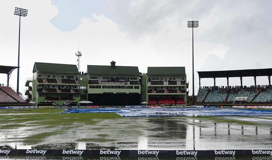 Rain stops play of the 3rd T20I match between West Indies and Pakistan at Guyana National Stadium in Providence, Guyana, on August 1, 2021. (AFP)