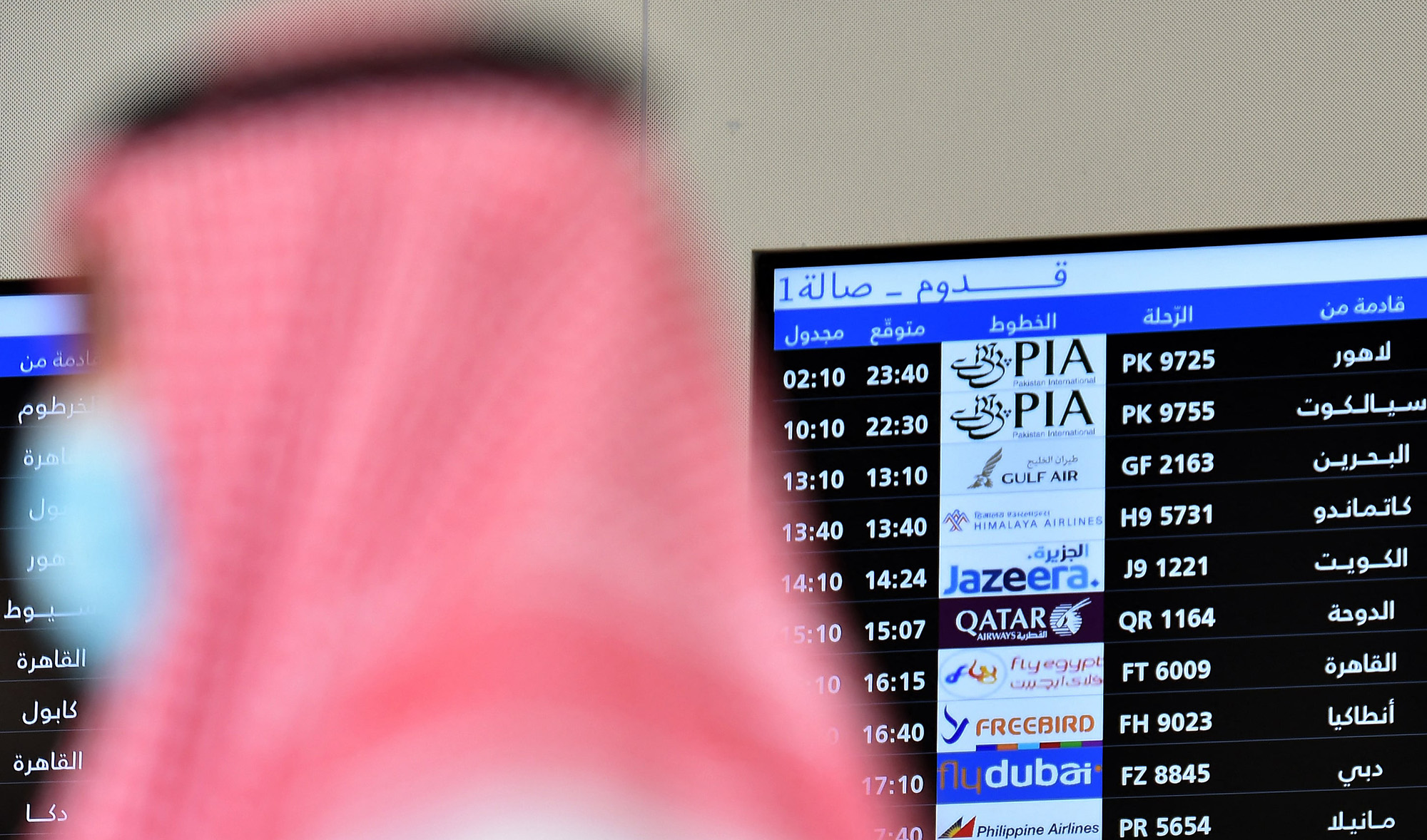 A flight information display board at King Khalid International Airport in the Saudi capital Riyadh shows the schedule of flights arriving from different destinations including Pakistan January 11, 2021. (AFP/ File photo)