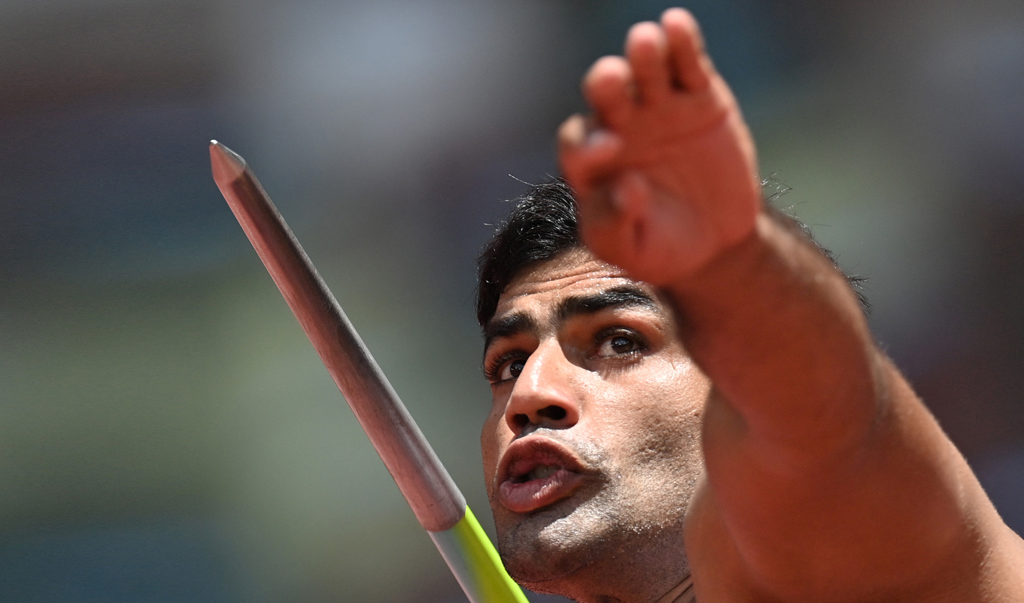 Pakistan's Arshad Nadeem competes in the men's javelin throw qualification during the Tokyo 2020 Olympic Games at the Olympic Stadium in Tokyo on August 4, 2021. (AFP)