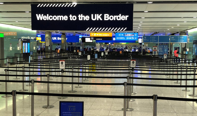 A UK border sign welcomes passengers on arrival at Heathrow airport in west London on December 31, 2020. (AFP/File)