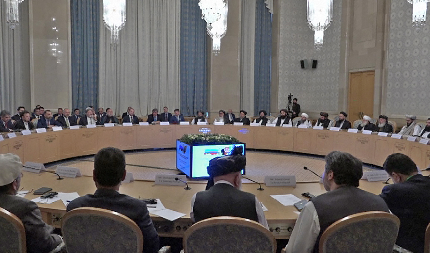 A delegation of Taliban officials led by the group's chief negotiator during a conference marking a century of diplomatic relations between Afghanistan and Russia on May 28, 2019 in Moscow. (AFP/File)