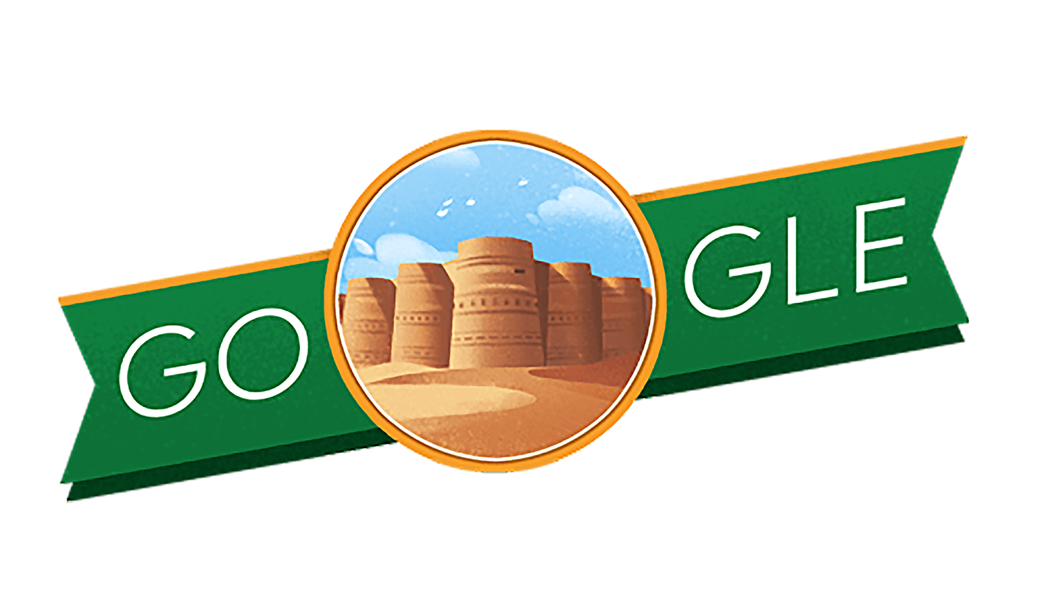 Google's special doodle on the occasion of Pakistan's Independence Day featuring the iconic medieval Derawar Fort, a large square fortress in the Cholistan Desert, south of Bahawalpur. (Photo courtesy: Google)