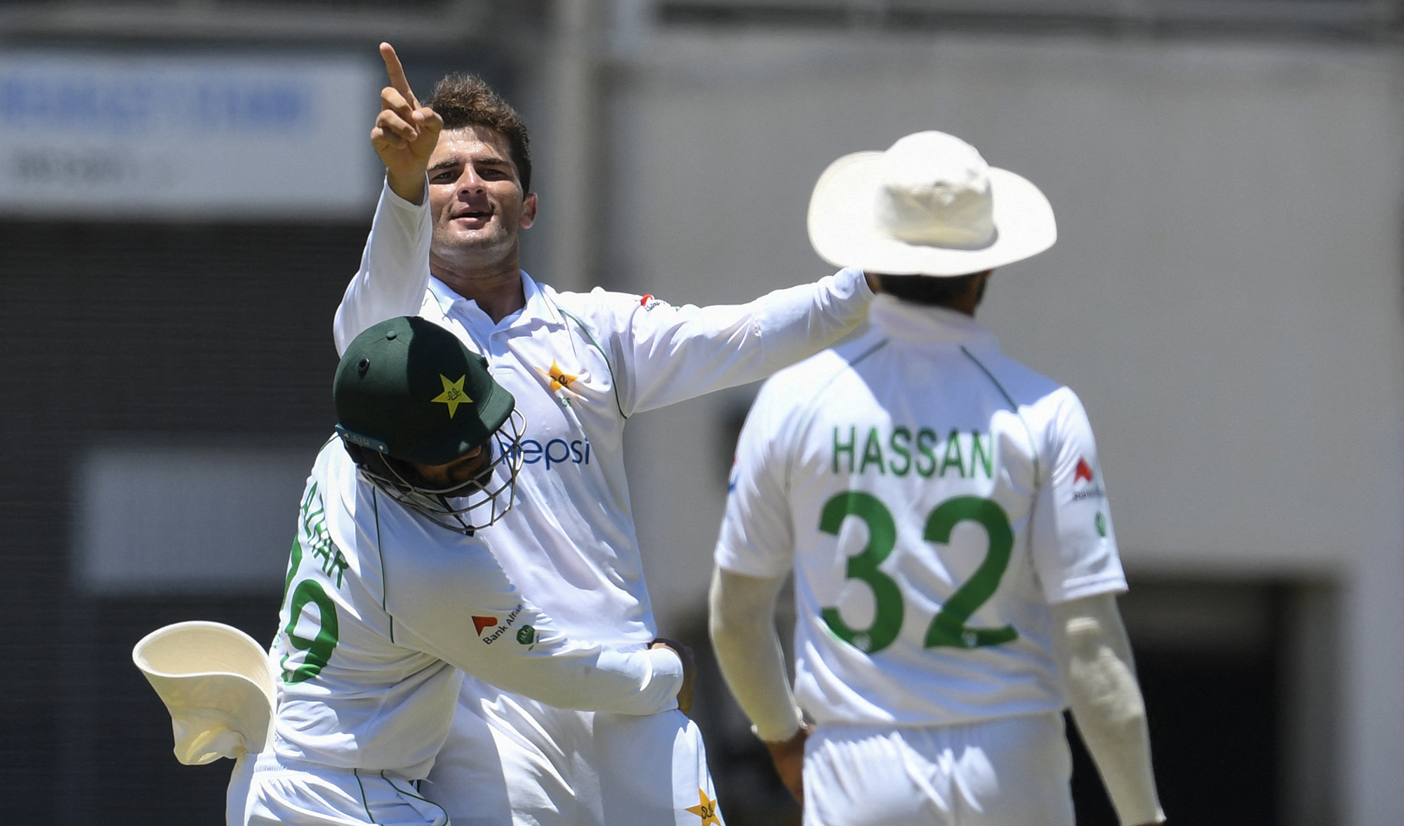 Shaheen Afridi of Pakistan celebrates the dismissal of Nkrumah Bonner of West Indies during day 4 of the 1st Test between West Indies and Pakistan at Sabina Park, Kingston, Jamaica, on August 15, 2021. (AFP)