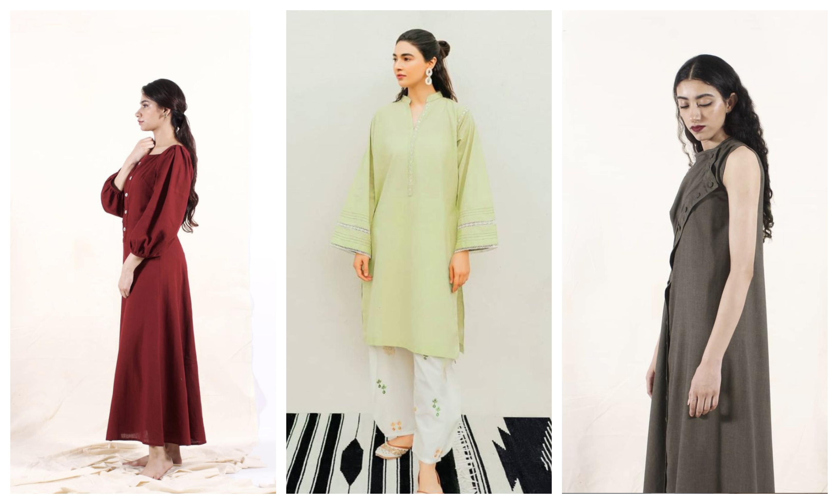 This combination of photos shows eco-friendly clothing lines by Pakistani designers. (Photo courtesy: Repeat, Bridge and Ciel)