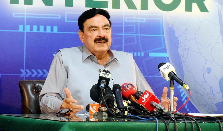 In this photo, Pakistan's Federal Interior Minister Sheikh Rashid Ahmed addressing a press conference in Islamabad on August 18, 2021. (Photo courtesy: PID)