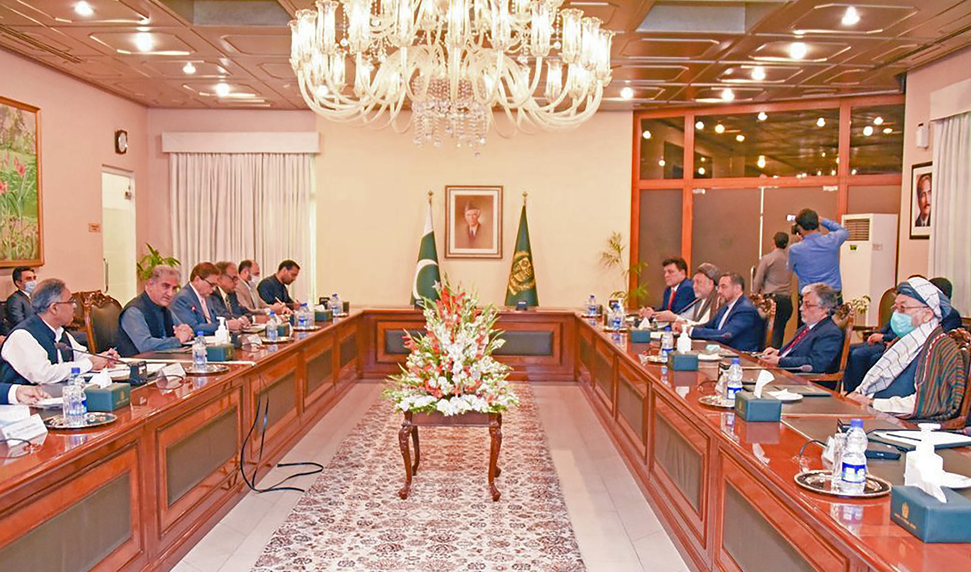 Delegation level meeting between foreign minister Shah Mahmood Qureshi and senior Afghan political leadership in Islamabad on August 16, 2021. (Photo courtesy: Pakistan Foreign Office)