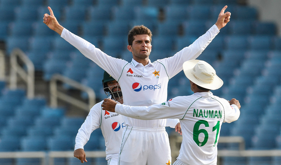 Shaheen Afridi of Pakistan celebrates the dismissal of Kraigg Brathwaite of West Indies during day 3 of the 2nd Test between West Indies and Pakistan at Sabina Park, Kingston, Jamaica, on August 22, 2021. (AFP)