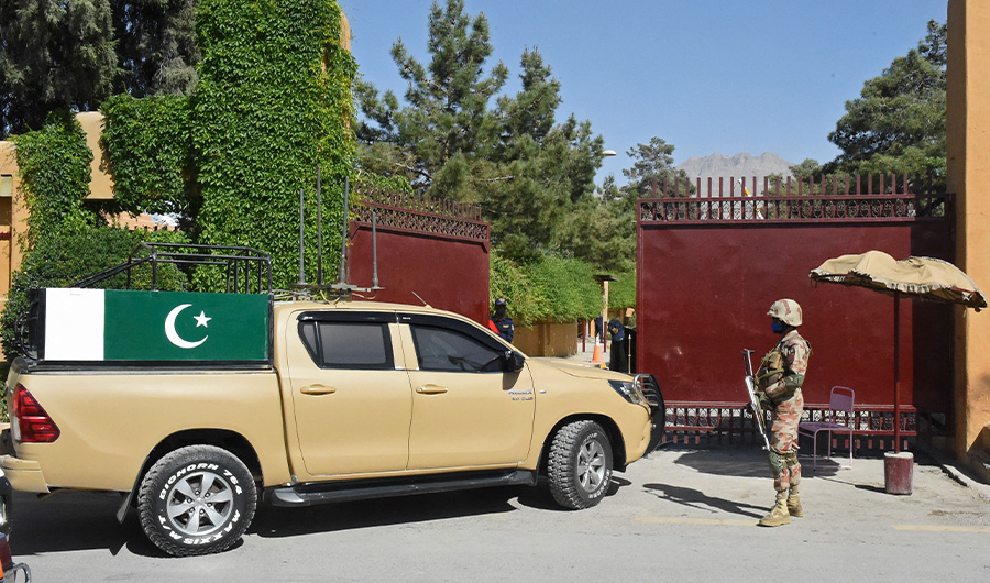 Paramilitary soldiers patrol outside the Serena hotel, which was hosting the Chinese ambassador in Quetta on April 22, 2021. (AFP)