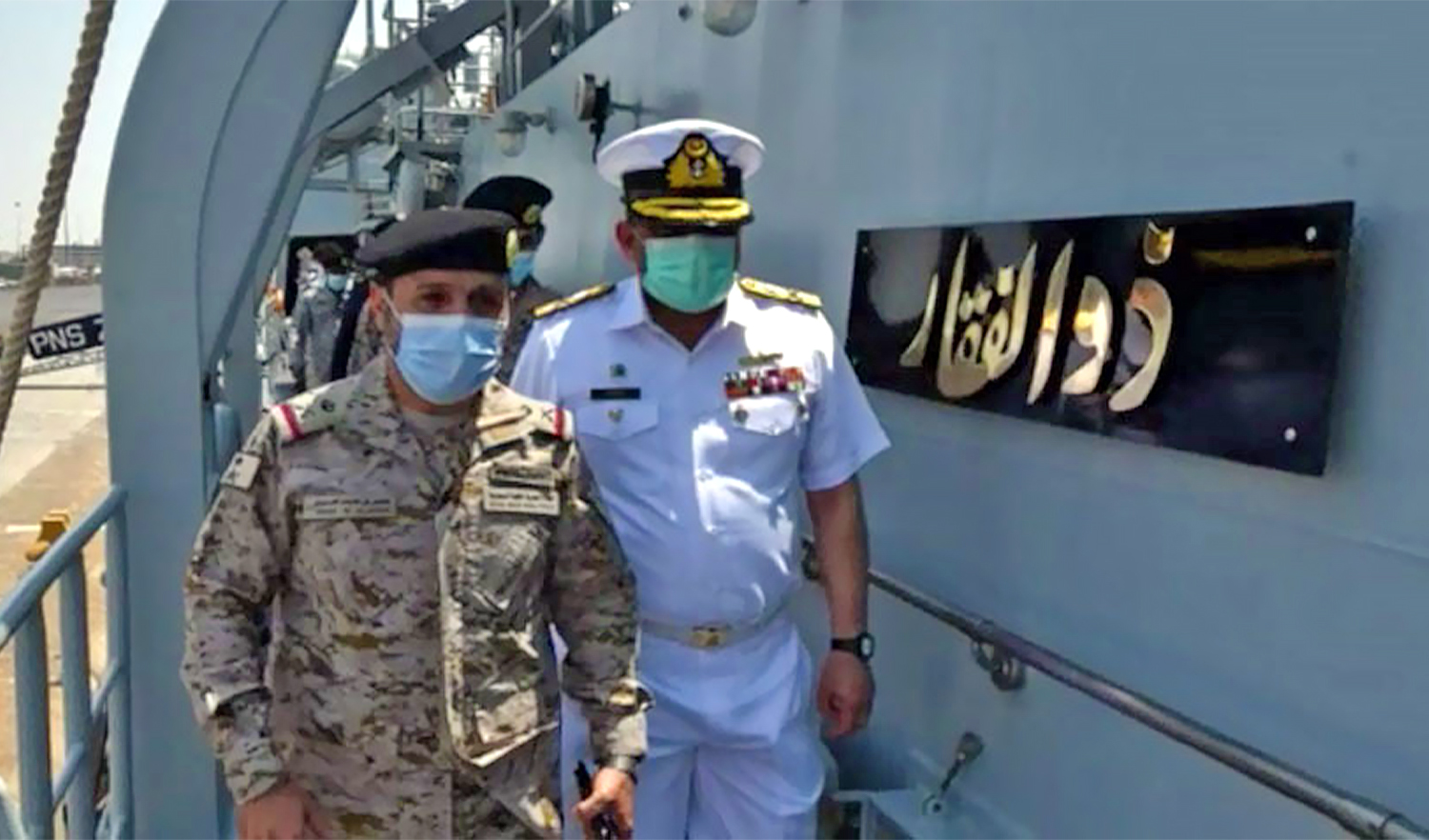 Saudi Commander Western Fleet Command (left) and Pakistani Commander Western Naval Aviation Group can be seen visiting PNS Zulfiquar at the Jeddah port in Saudi Arabia on August 26, 2021. (Photo courtesy: Radio Pakistan)