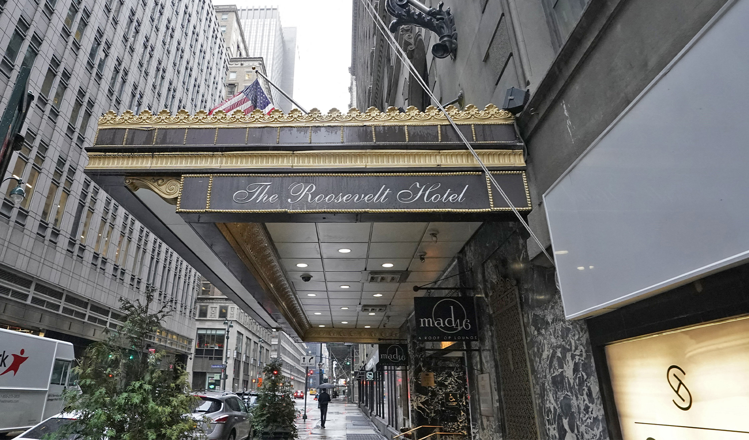 The entrance of the Roosevelt Hotel, a historic luxury hotel in Midtown Manhattan, is seen in New York on October 12, 2020. (AFP)