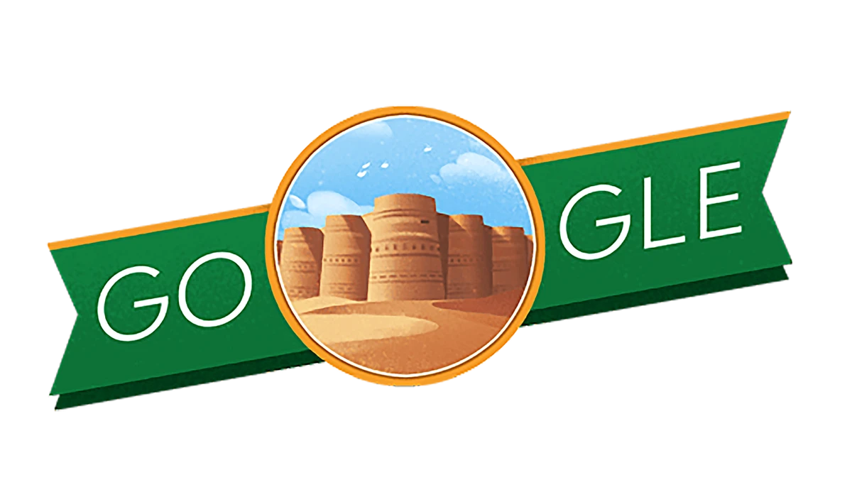 Google's special doodle on the occasion of Pakistan's Independence Day featuring the iconic medieval Derawar Fort, a large square fortress in the Cholistan Desert, south of Bahawalpur. (Photo courtesy: Google)
