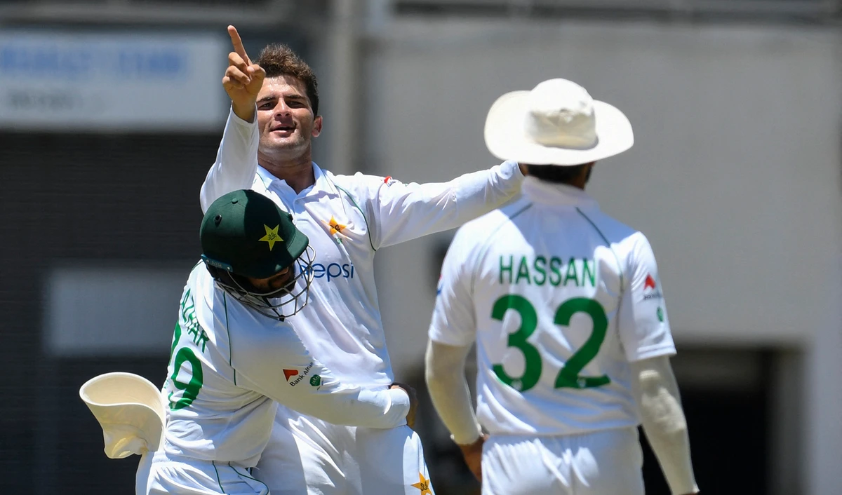 Shaheen Afridi of Pakistan celebrates the dismissal of Nkrumah Bonner of West Indies during day 4 of the 1st Test between West Indies and Pakistan at Sabina Park, Kingston, Jamaica, on August 15, 2021. (AFP)