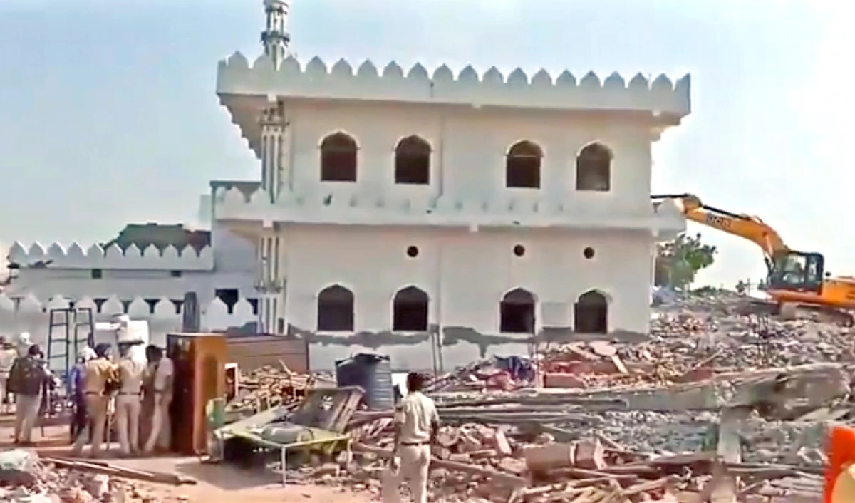 The screen grab shows heavy machinery tearing down an ancient mosque in the Indian state of Haryana, earlier this week. (Photo courtesy: Social media)