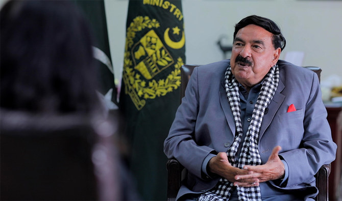 Pakistan's Interior Minister Sheikh Rasheed Ahmed speaks during an interview with Arab News in Islamabad, Pakistan on February 17, 2021. (AN photo/File)