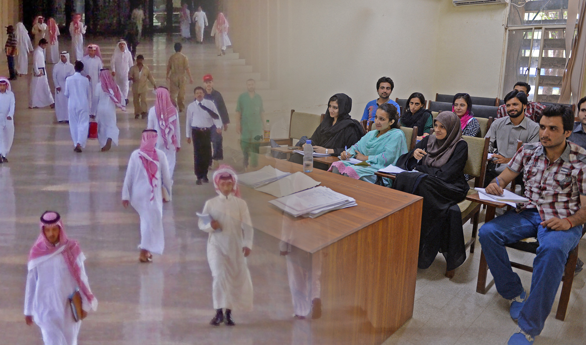 The combination shows Pakistani students attend a class at Quaid-i-Azam University in Islamabad, right, and Saudi students at King Saud University in Riyadh. (AFP photos)