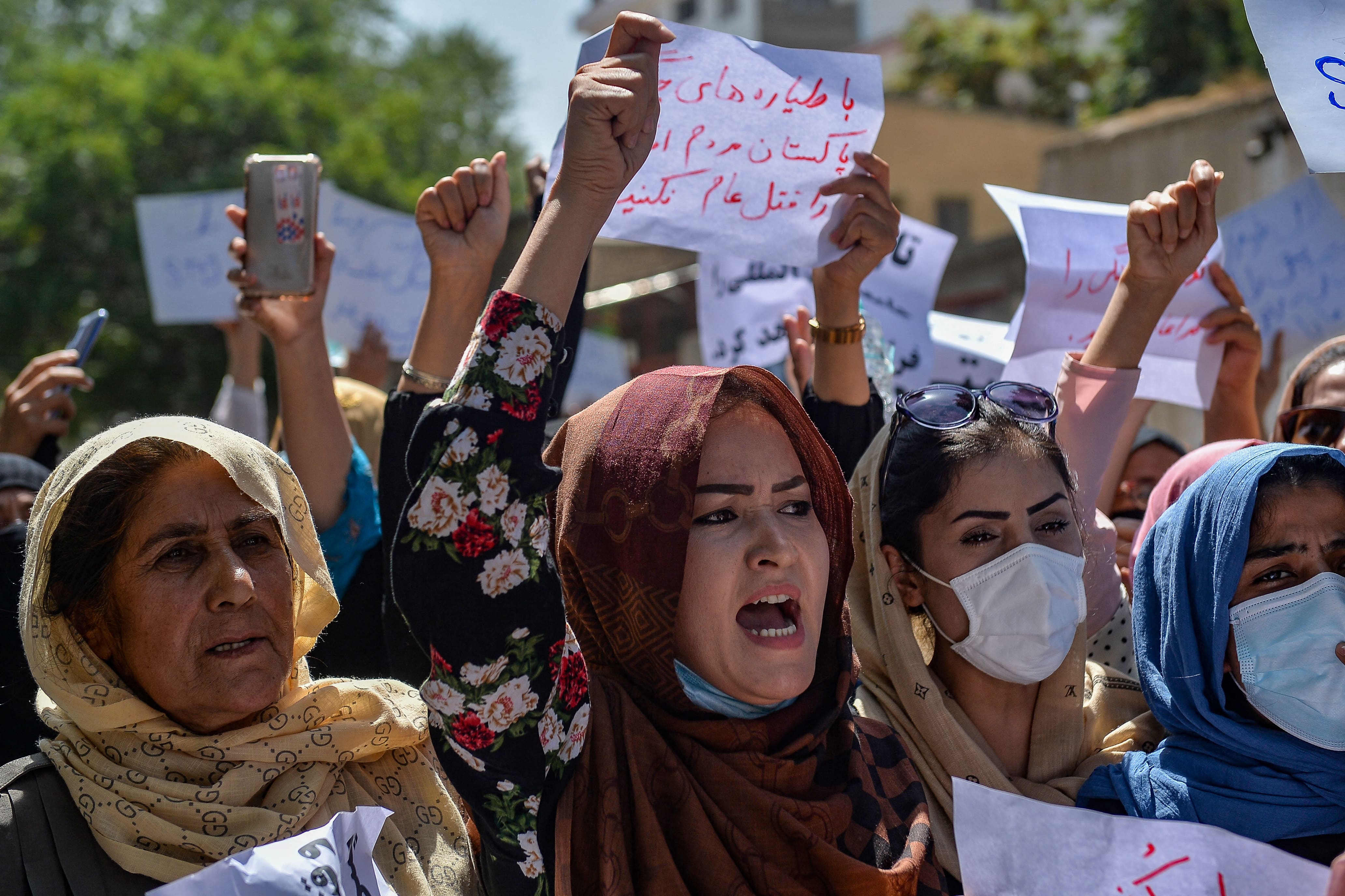 Afghan women shout slogans during an anti-Pakistan protest near the Pakistan embassy in Kabul on September 7, 2021. (AFP)