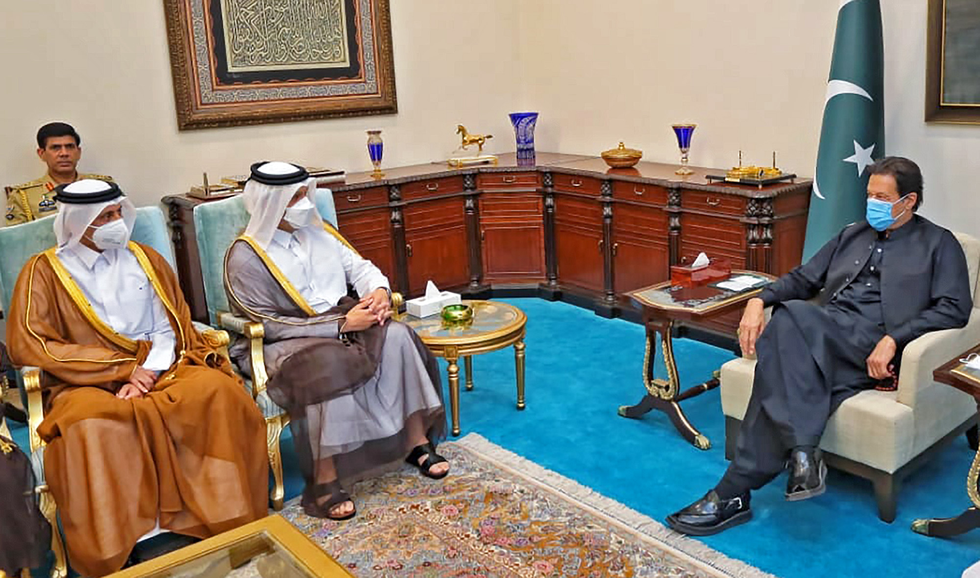 Qatar's deputy premier and foreign minister, 3rd left, calls on Pakistan's Prime Minister Imran Khan in Islamabad on September 9, 2021. (Photo courtesy: @ImranKhanOfficial/Facebook)